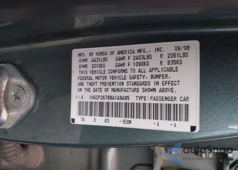 2008 Honda Accord 2.4 Ex z USA, uszkodzony, nr VIN 1HGCP26798A148485